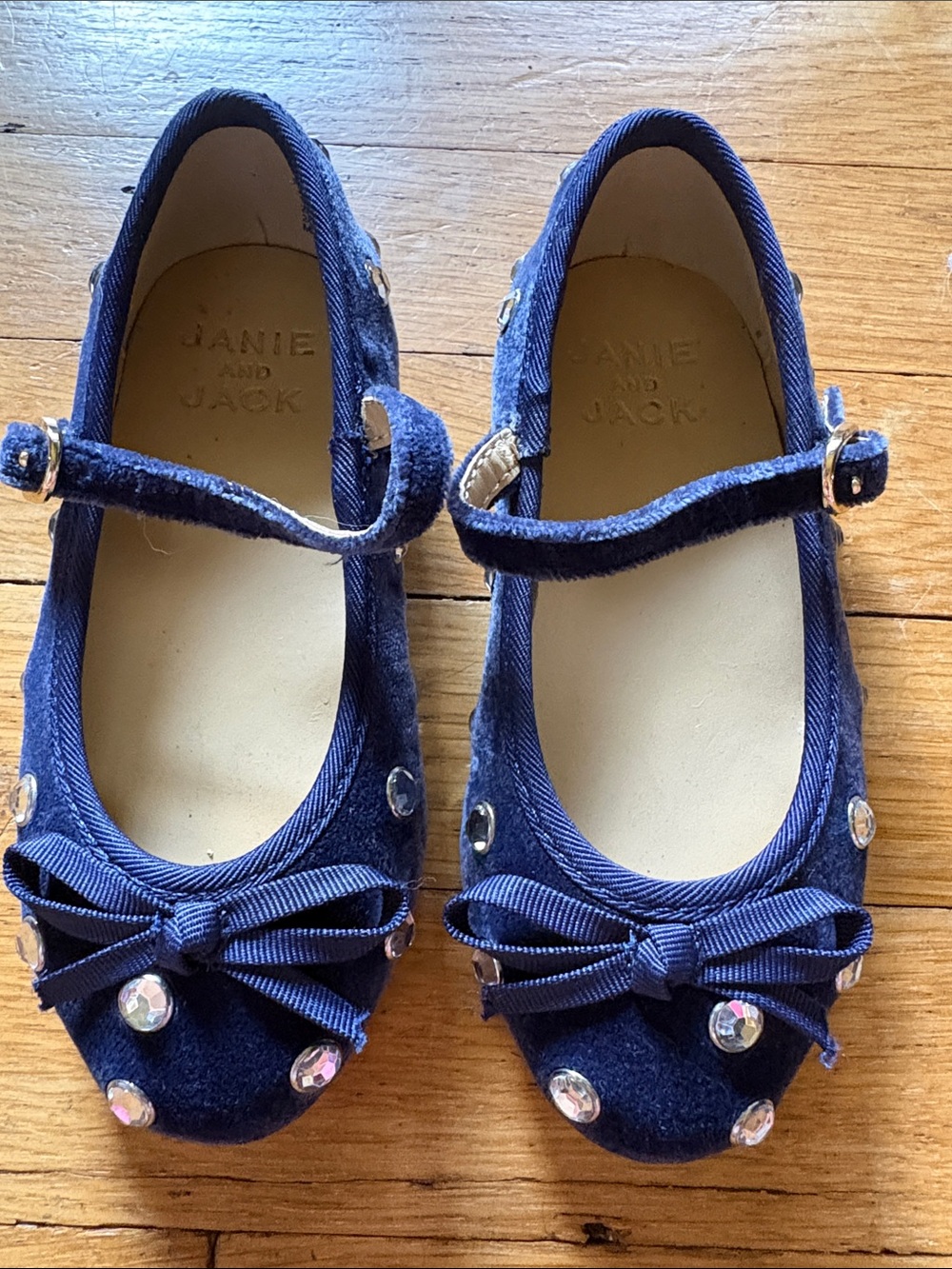 Janie and Jack Navy Velvet Mary Jane Flats with Bow and Gem Details